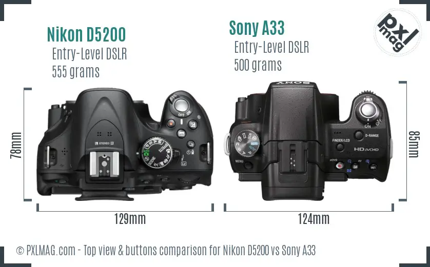 Nikon D5200 vs Sony A33 top view buttons comparison