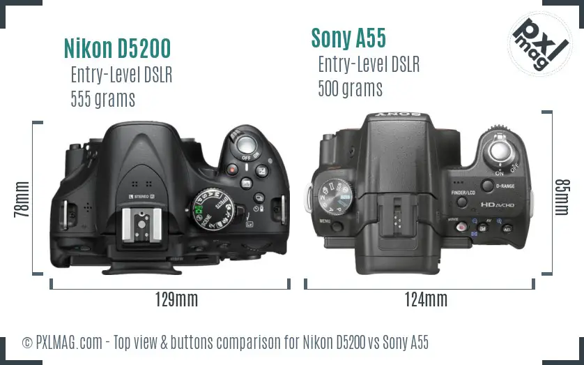 Nikon D5200 vs Sony A55 top view buttons comparison