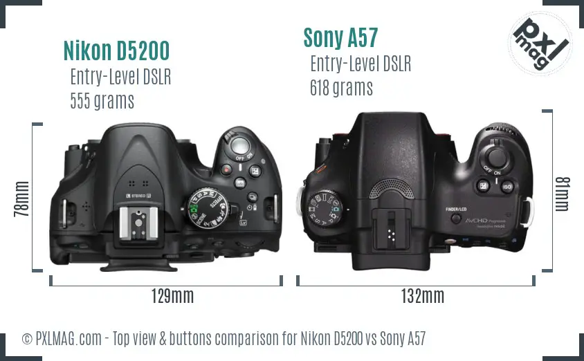 Nikon D5200 vs Sony A57 top view buttons comparison