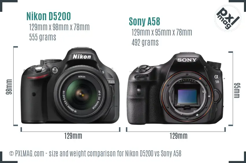 Nikon D5200 vs Sony A58 size comparison