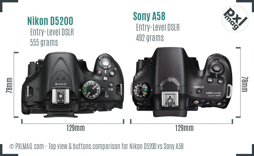 Nikon D5200 vs Sony A58 top view buttons comparison