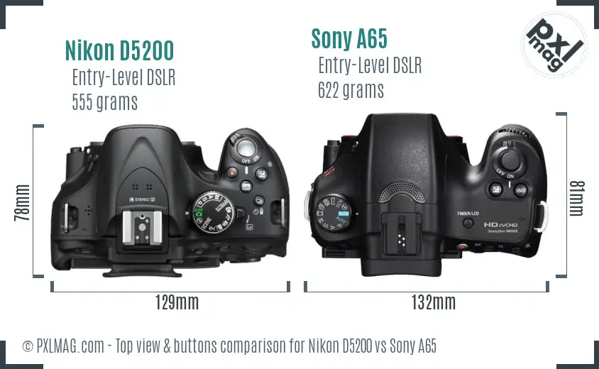 Nikon D5200 vs Sony A65 top view buttons comparison