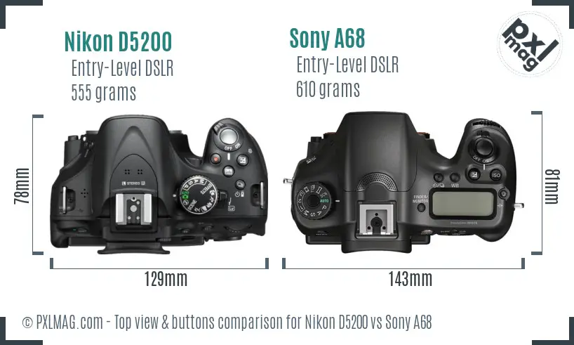 Nikon D5200 vs Sony A68 top view buttons comparison