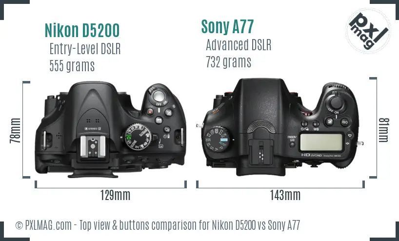 Nikon D5200 vs Sony A77 top view buttons comparison