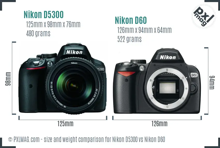 Nikon D5300 vs Nikon D60 size comparison