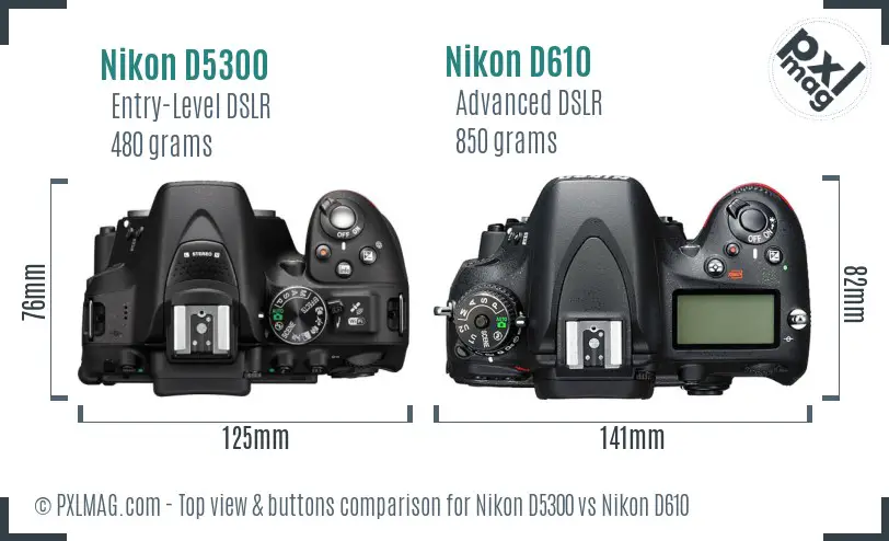 Nikon D5300 vs Nikon D610 top view buttons comparison Nikon D5300 vs Nikon D610 top view buttons comparison