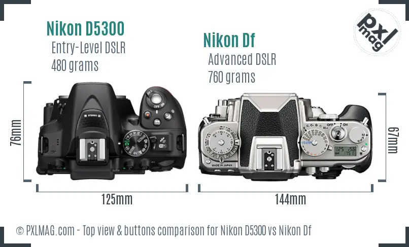 Nikon D5300 vs Nikon Df top view buttons comparison
