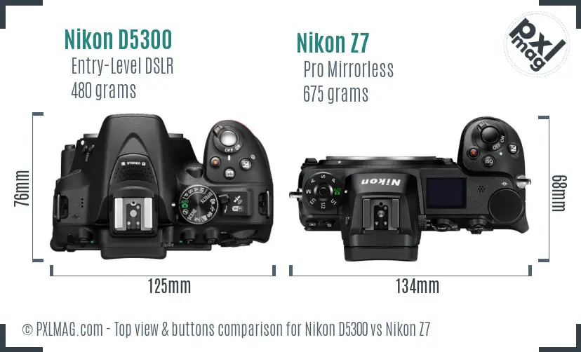 Nikon D5300 vs Nikon Z7 top view buttons comparison