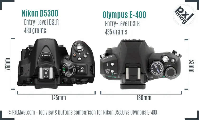 Nikon D5300 vs Olympus E-400 top view buttons comparison