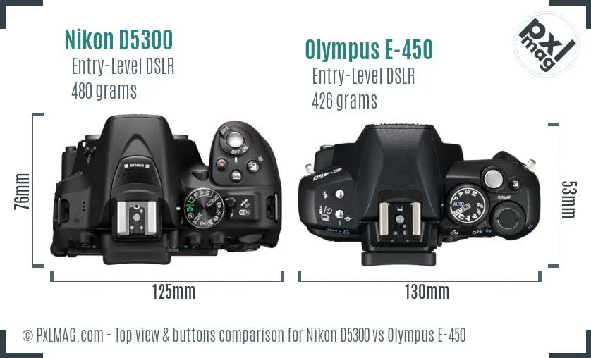 Nikon D5300 vs Olympus E-450 top view buttons comparison
