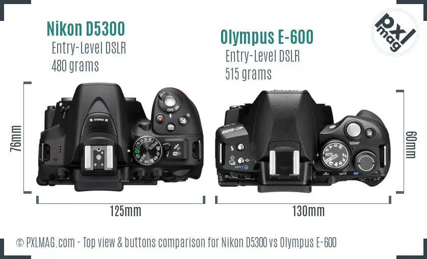 Nikon D5300 vs Olympus E-600 top view buttons comparison