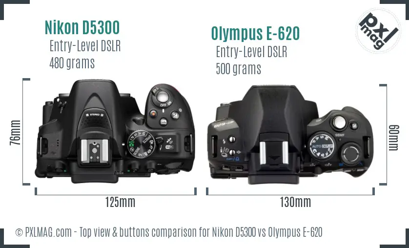 Nikon D5300 vs Olympus E-620 top view buttons comparison