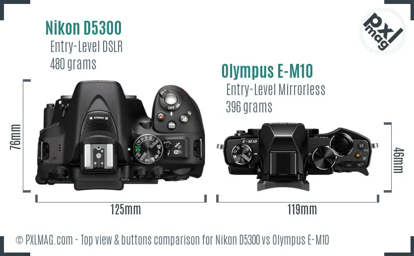 Nikon D5300 vs Olympus E-M10 top view buttons comparison Nikon D5300 vs Olympus E-M10 top view buttons comparison