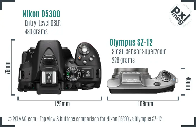 Nikon D5300 vs Olympus SZ-12 top view buttons comparison