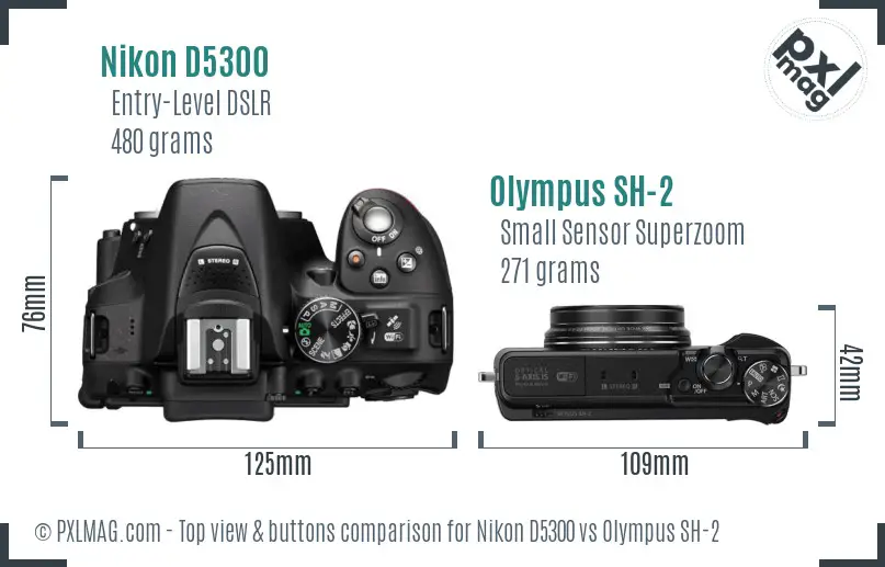 Nikon D5300 vs Olympus SH-2 top view buttons comparison Nikon D5300 vs Olympus SH-2 top view buttons comparison