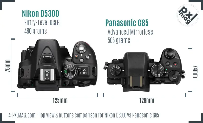 Nikon D5300 vs Panasonic G85 top view buttons comparison