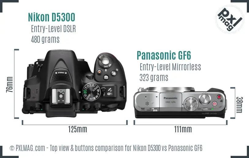 Nikon D5300 vs Panasonic GF6 top view buttons comparison Nikon D5300 vs Panasonic GF6 top view buttons comparison