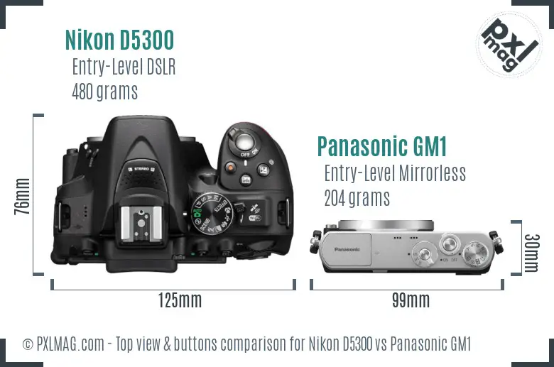 Nikon D5300 vs Panasonic GM1 top view buttons comparison