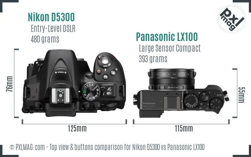 Nikon D5300 vs Panasonic LX100 top view buttons comparison Nikon D5300 vs Panasonic LX100 top view buttons comparison