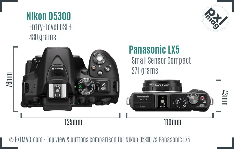 Nikon D5300 vs Panasonic LX5 top view buttons comparison