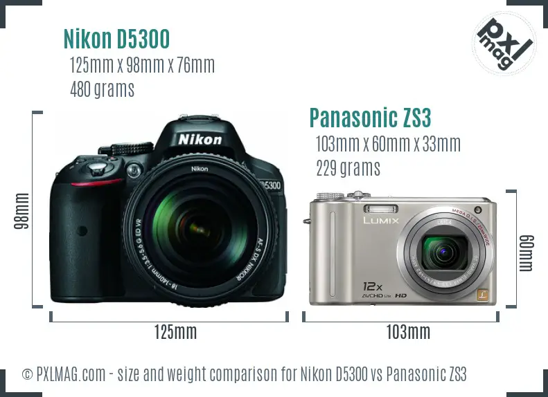 Nikon D5300 vs Panasonic ZS3 size comparison