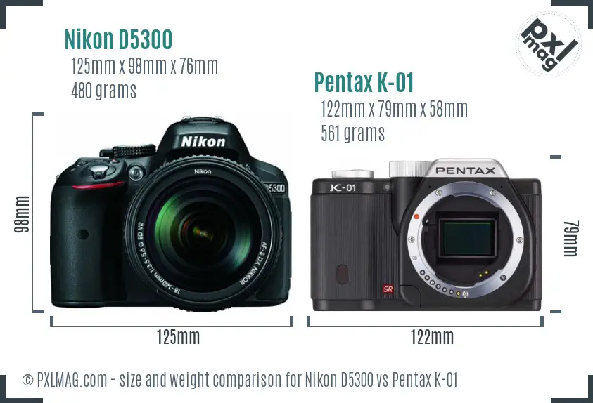 Nikon D5300 vs Pentax K-01 size comparison