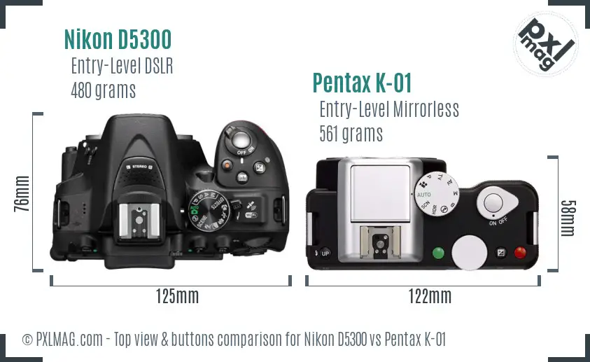 Nikon D5300 vs Pentax K-01 top view buttons comparison