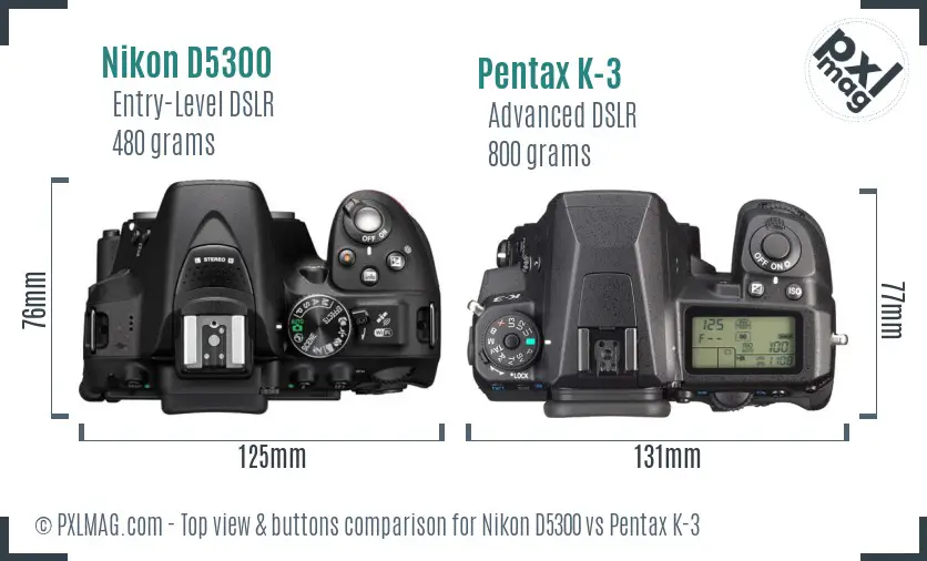 Nikon D5300 vs Pentax K-3 top view buttons comparison