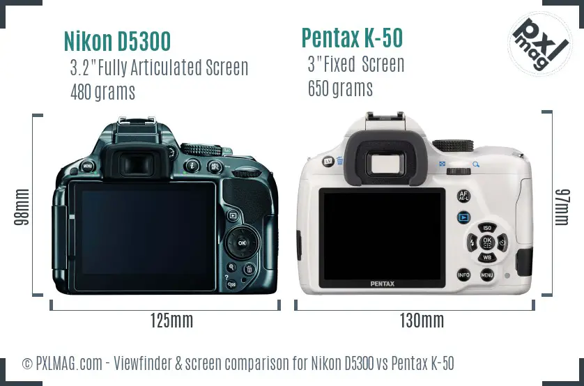 Nikon D5300 vs Pentax K-50 Screen and Viewfinder comparison