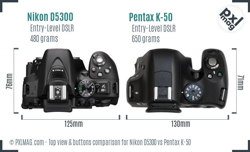 Nikon D5300 vs Pentax K-50 top view buttons comparison