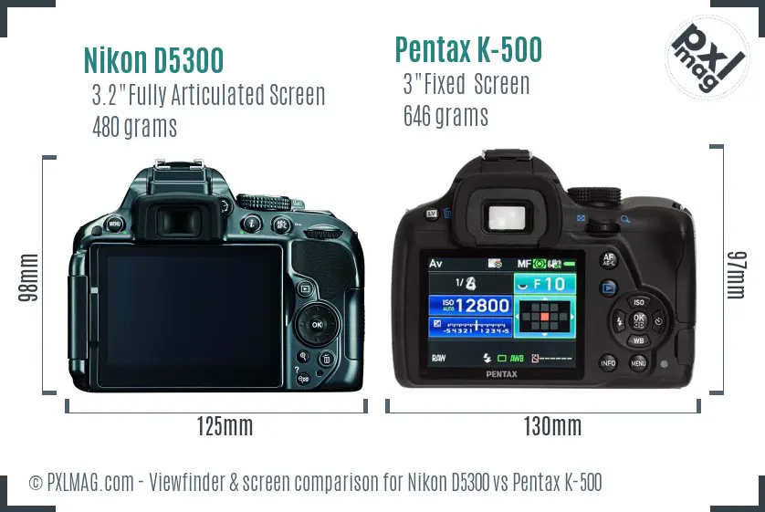 Nikon D5300 vs Pentax K-500 Screen and Viewfinder comparison