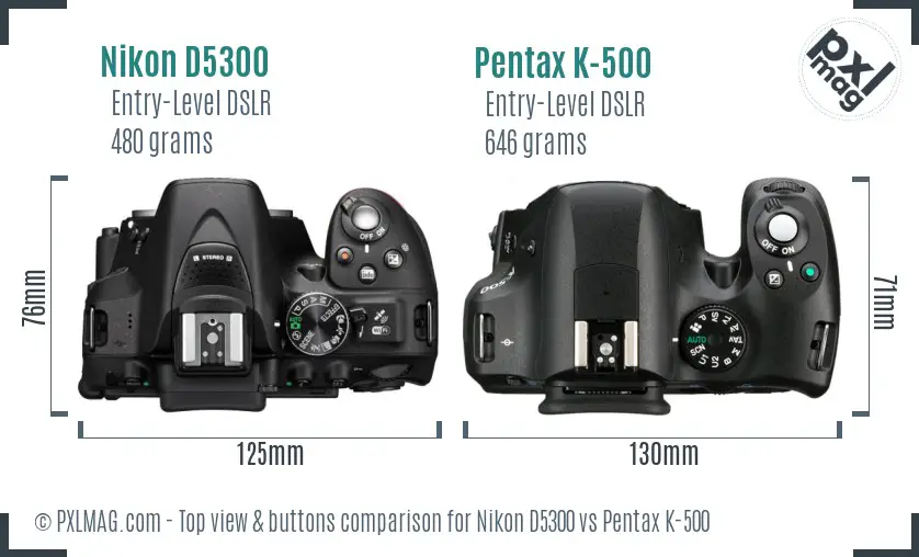 Nikon D5300 vs Pentax K-500 top view buttons comparison