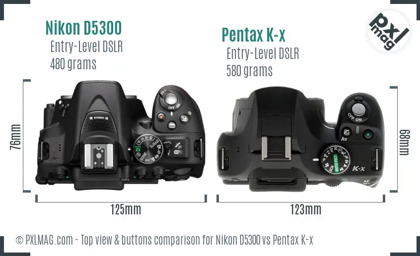 Nikon D5300 vs Pentax K-x top view buttons comparison