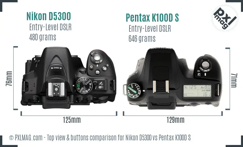 Nikon D5300 vs Pentax K100D S top view buttons comparison