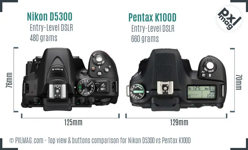 Nikon D5300 vs Pentax K100D top view buttons comparison