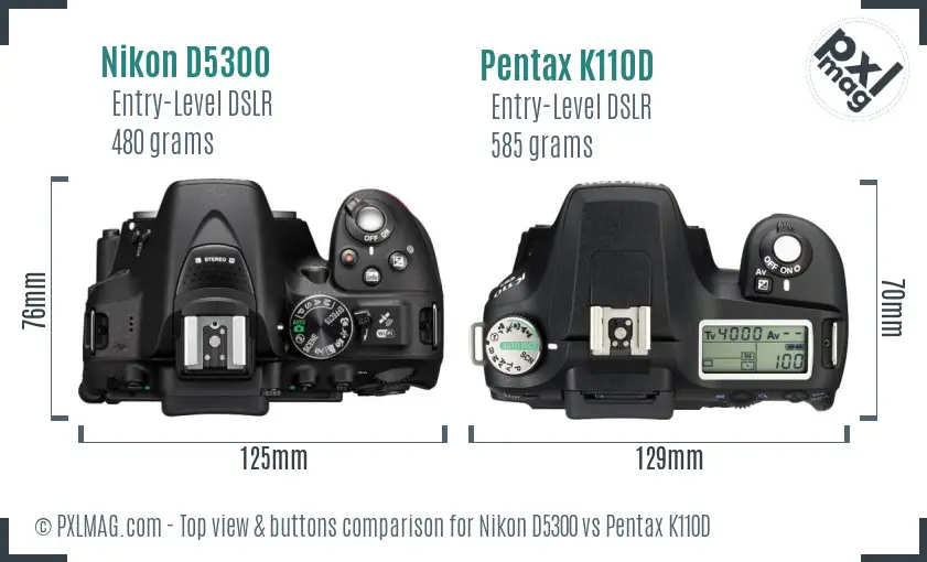 Nikon D5300 vs Pentax K110D top view buttons comparison