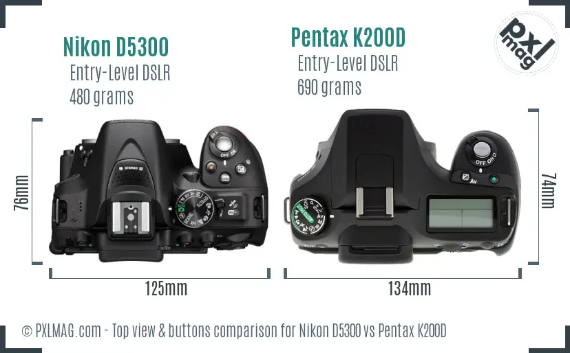 Nikon D5300 vs Pentax K200D top view buttons comparison