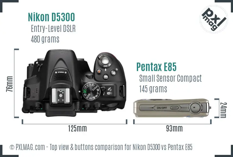 Nikon D5300 vs Pentax E85 top view buttons comparison