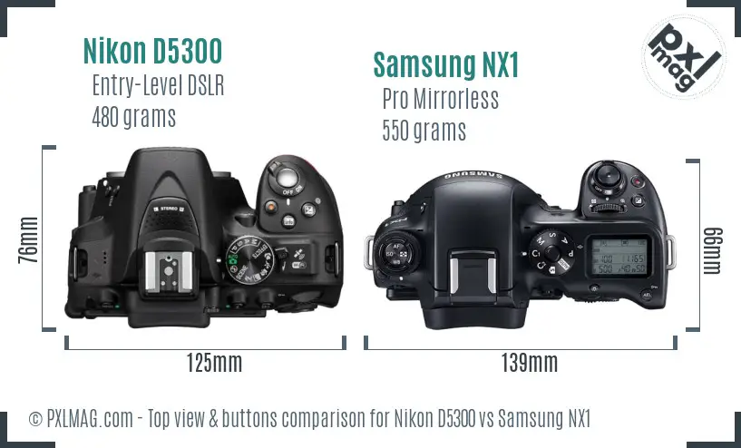 Nikon D5300 vs Samsung NX1 top view buttons comparison Nikon D5300 vs Samsung NX1 top view buttons comparison