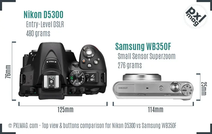 Nikon D5300 vs Samsung WB350F top view buttons comparison