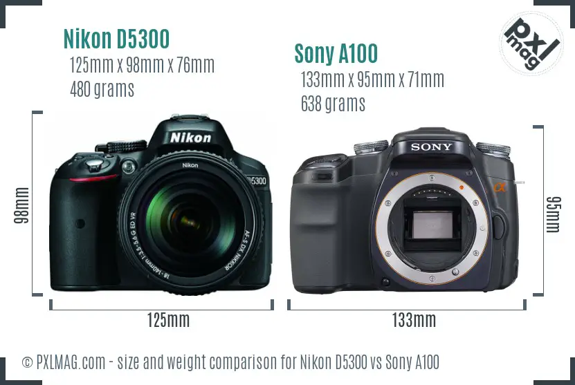 Nikon D5300 vs Sony A100 size comparison