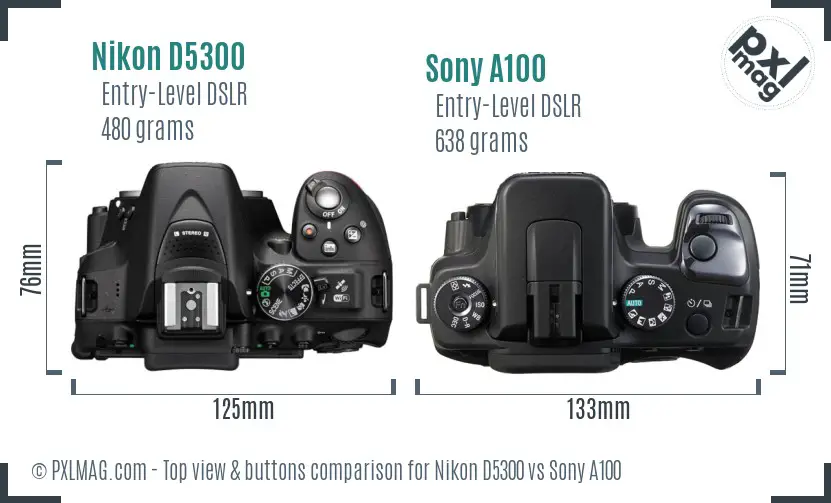 Nikon D5300 vs Sony A100 top view buttons comparison