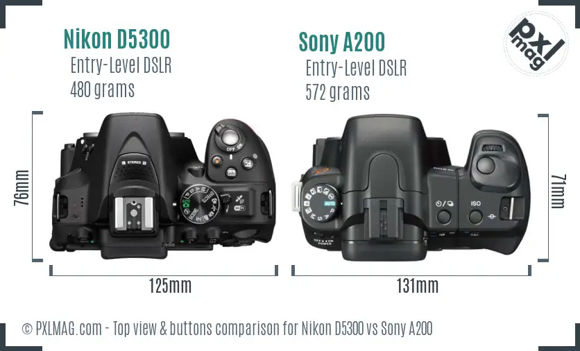 Nikon D5300 vs Sony A200 top view buttons comparison