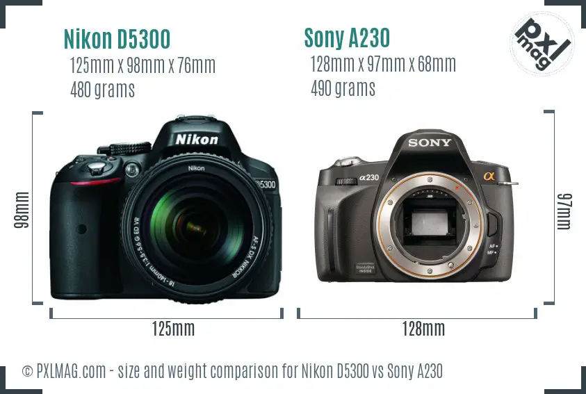 Nikon D5300 vs Sony A230 size comparison