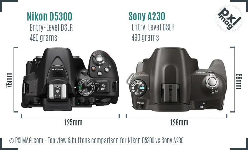 Nikon D5300 vs Sony A230 top view buttons comparison