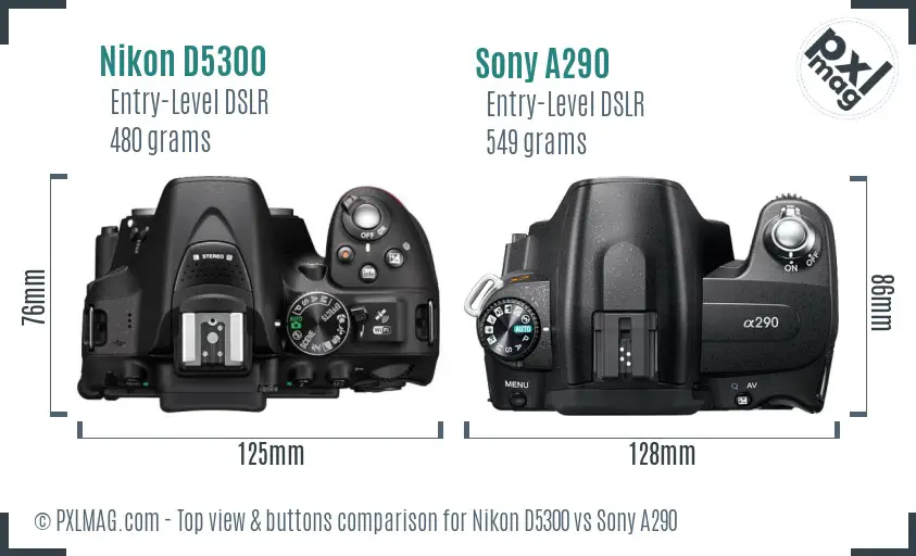 Nikon D5300 vs Sony A290 top view buttons comparison