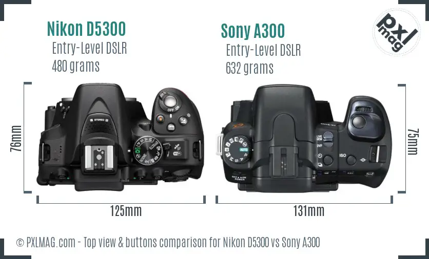 Nikon D5300 vs Sony A300 top view buttons comparison