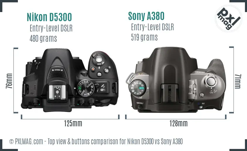 Nikon D5300 vs Sony A380 top view buttons comparison