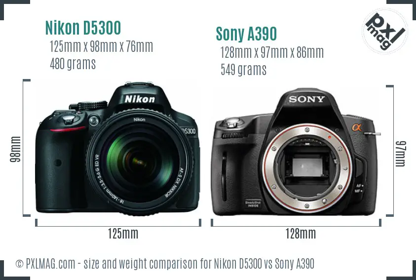 Nikon D5300 vs Sony A390 size comparison