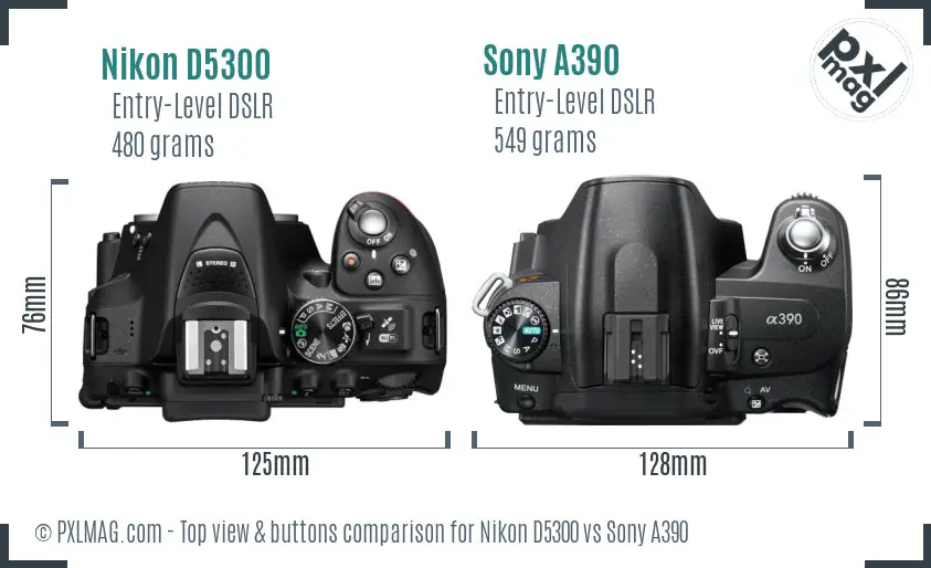 Nikon D5300 vs Sony A390 top view buttons comparison